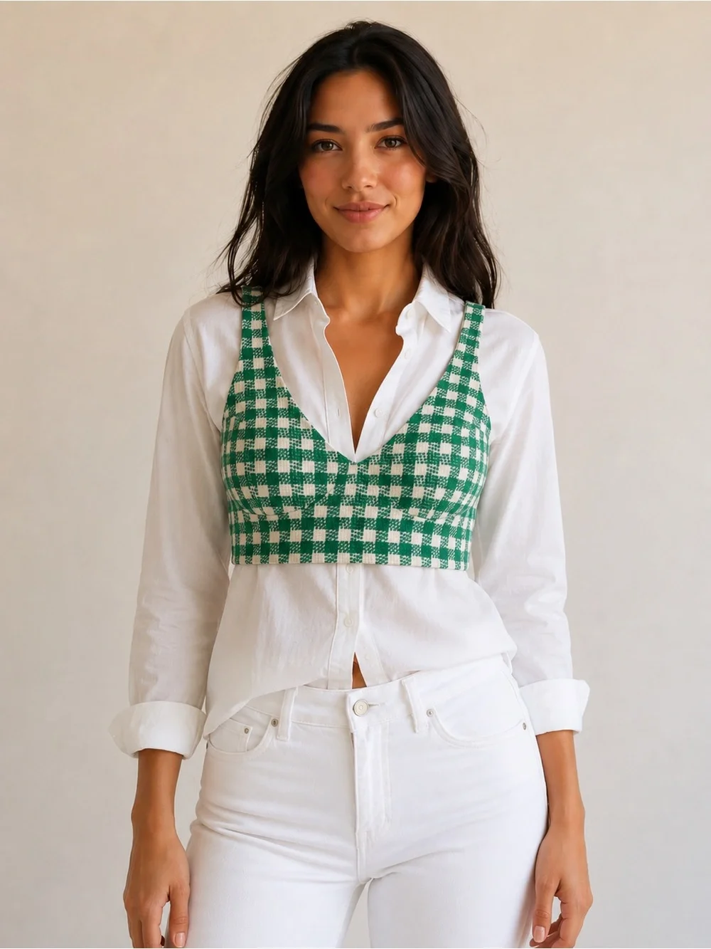 Zara Green Gingham V-Neck Crop Top - Picture 2 of 6